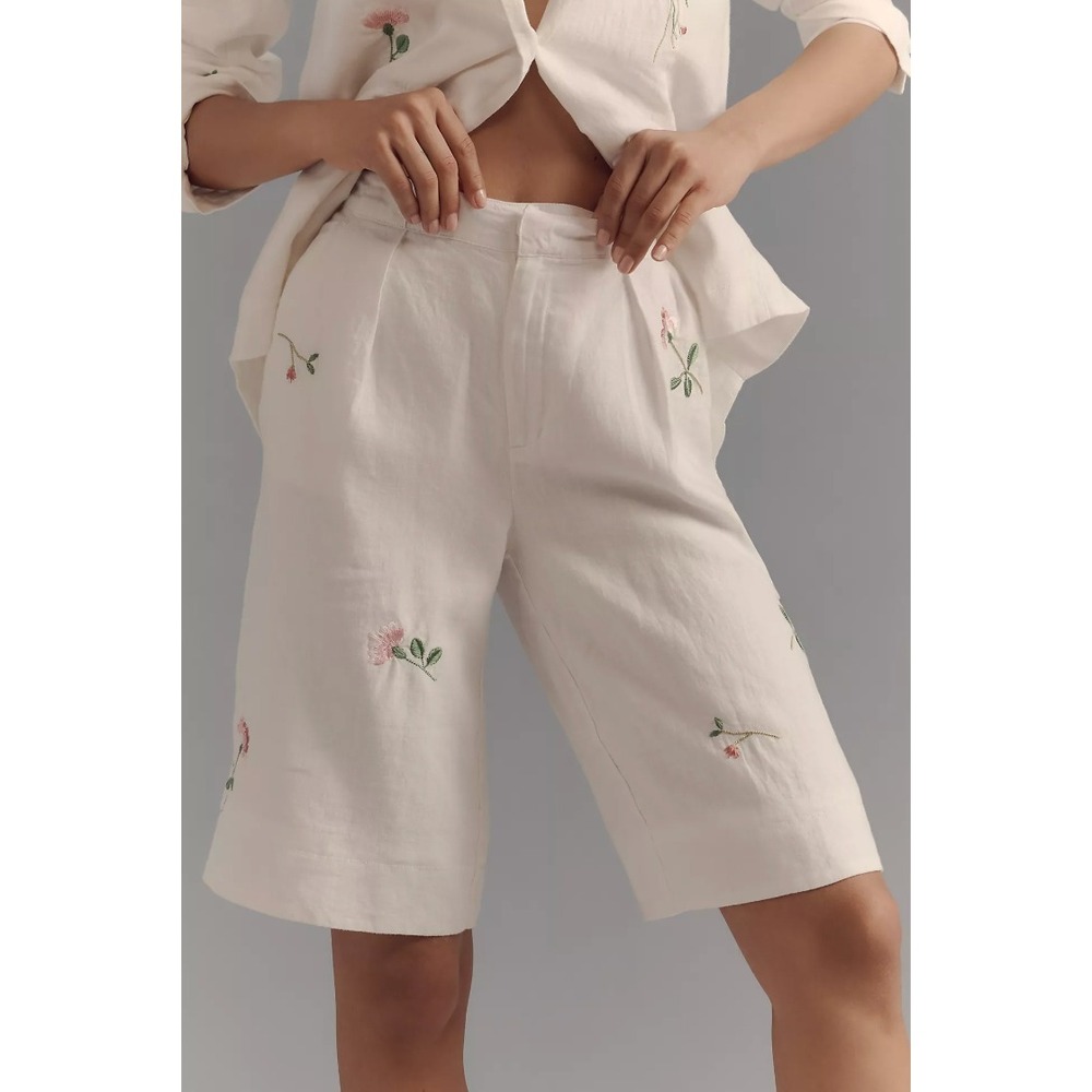 Anthropologie Floral Embroidered Linen Shorts White Pink High Rise Wide Leg 8